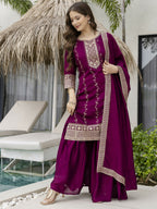 The52 Wine Beautiful Embroidered Vichitra Silk Fabric Straight Kurta, Palazzo and Dupatta Set | Grocsy