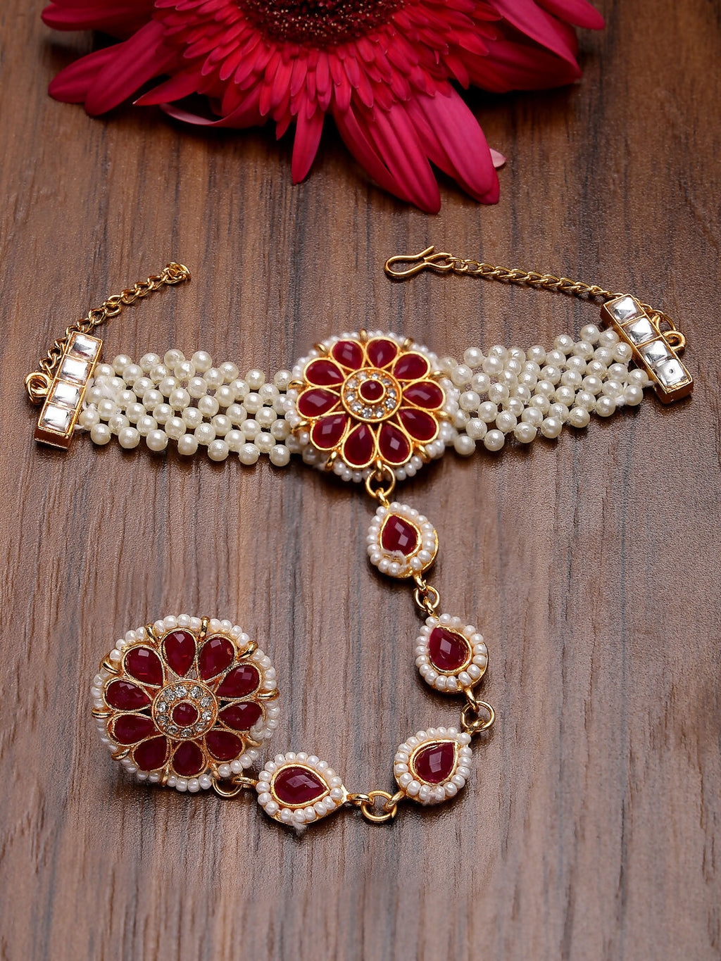 NVR Women's Red Gold-Polished Stone Studded Handcrafted Ring Bracelet | Grocsy