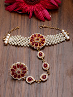 NVR Women's Red Gold-Polished Stone Studded Handcrafted Ring Bracelet | Grocsy