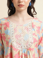 Beige & Pink Poly Crepe Digital Printed Top with Matching Bottom - Preeti | Grocsy