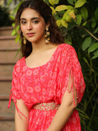 Janasya Pink Georgette Floral Gown | Grocsy