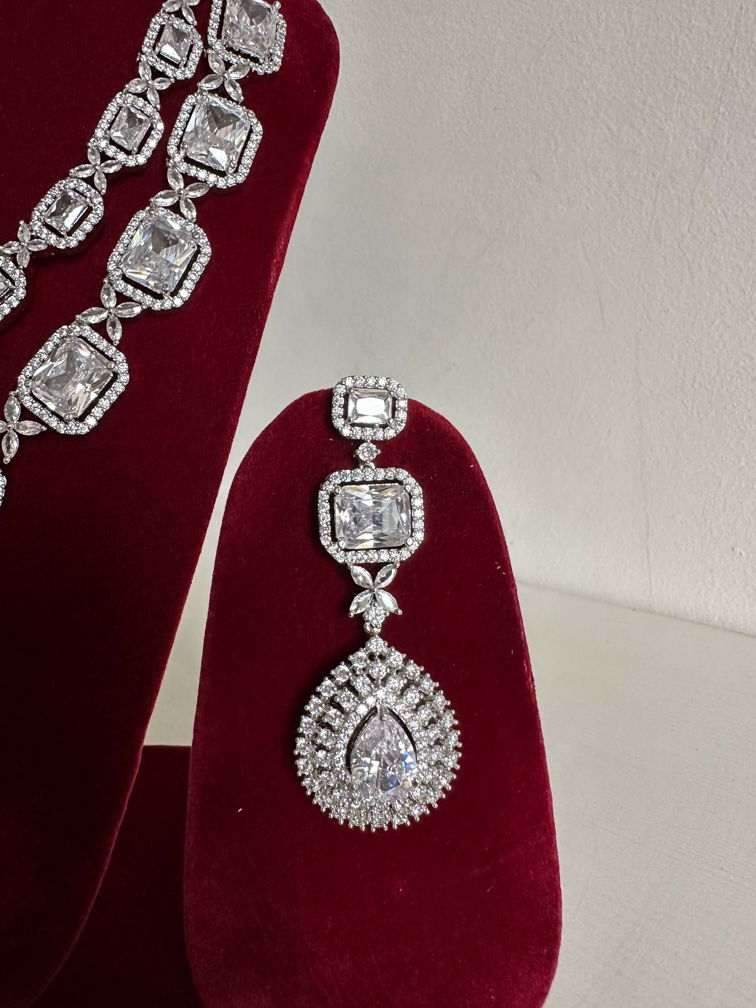 Siver American Diamond Two Layer Elegent Necklace Set With Earrings By House of Ree - Swadesiicart