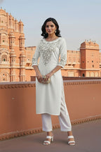 SRS Fashion White Embroidered Rayon Straight Kurta Set | Grocsy