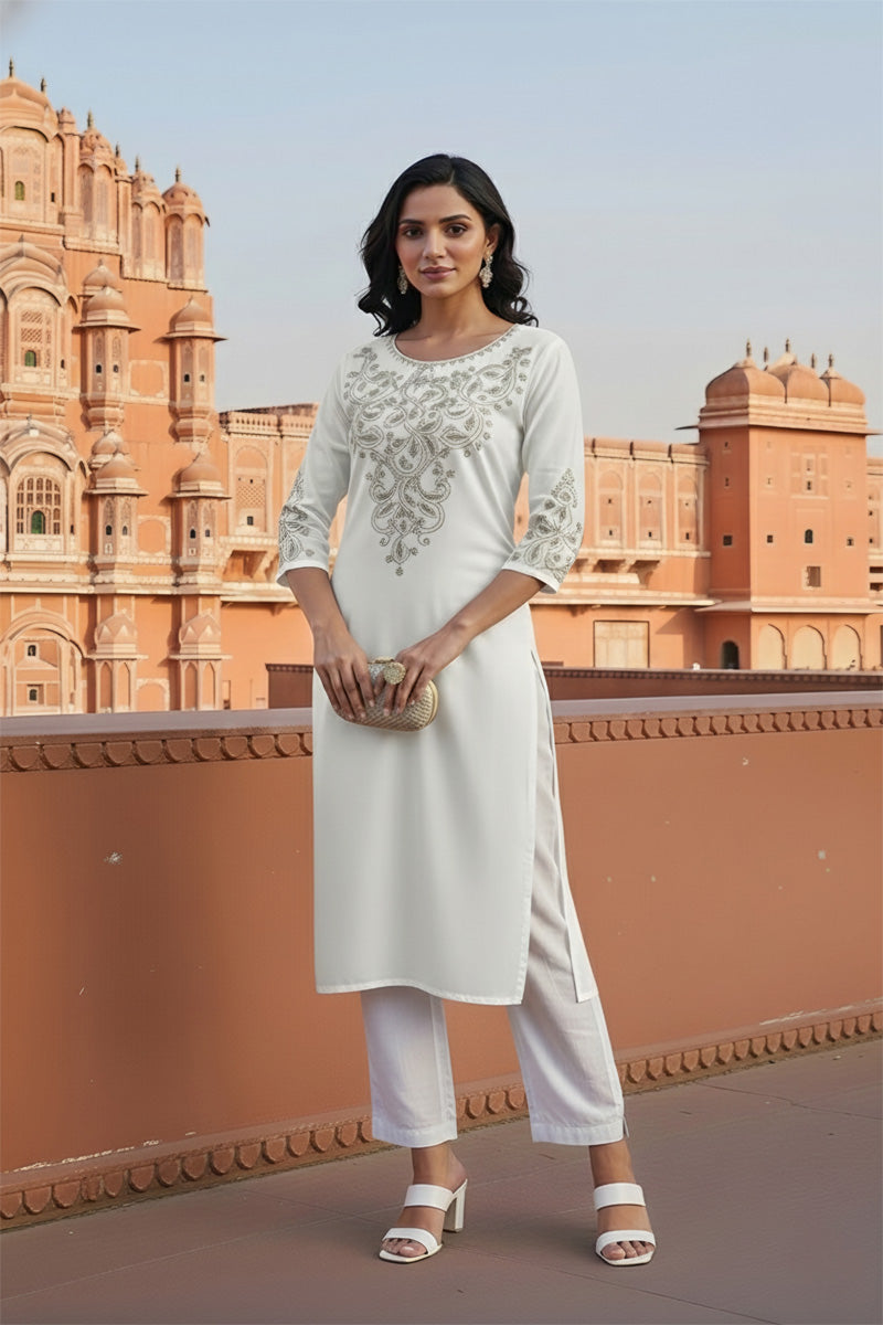 SRS Fashion White Embroidered Rayon Straight Kurta Set | Grocsy