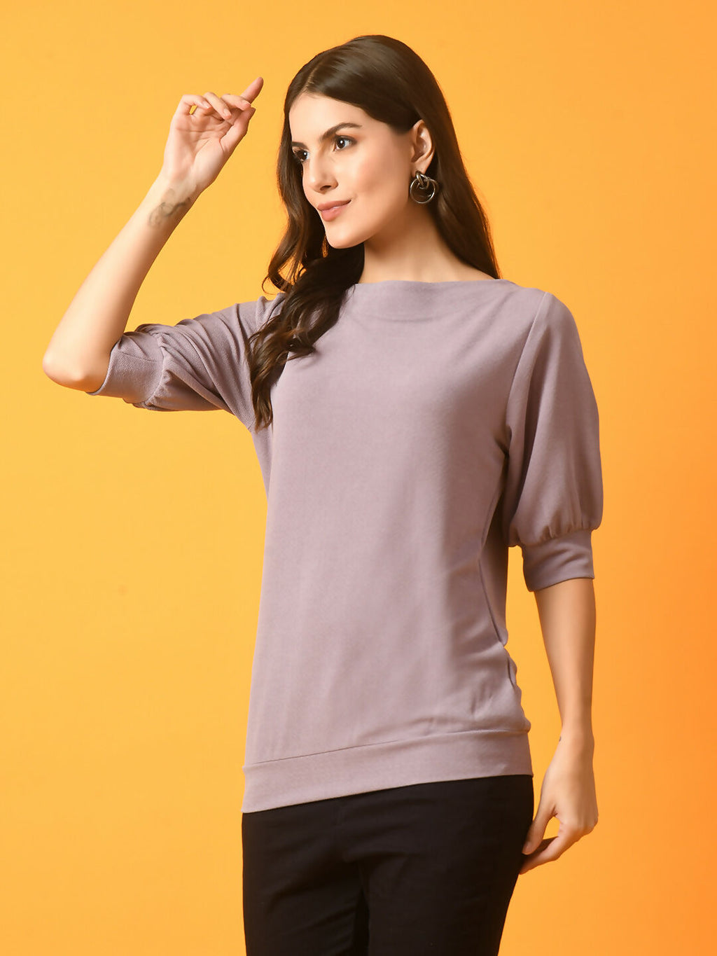 Myshka Women's Lavender Solid Boat Neck Party Top | Grocsy
