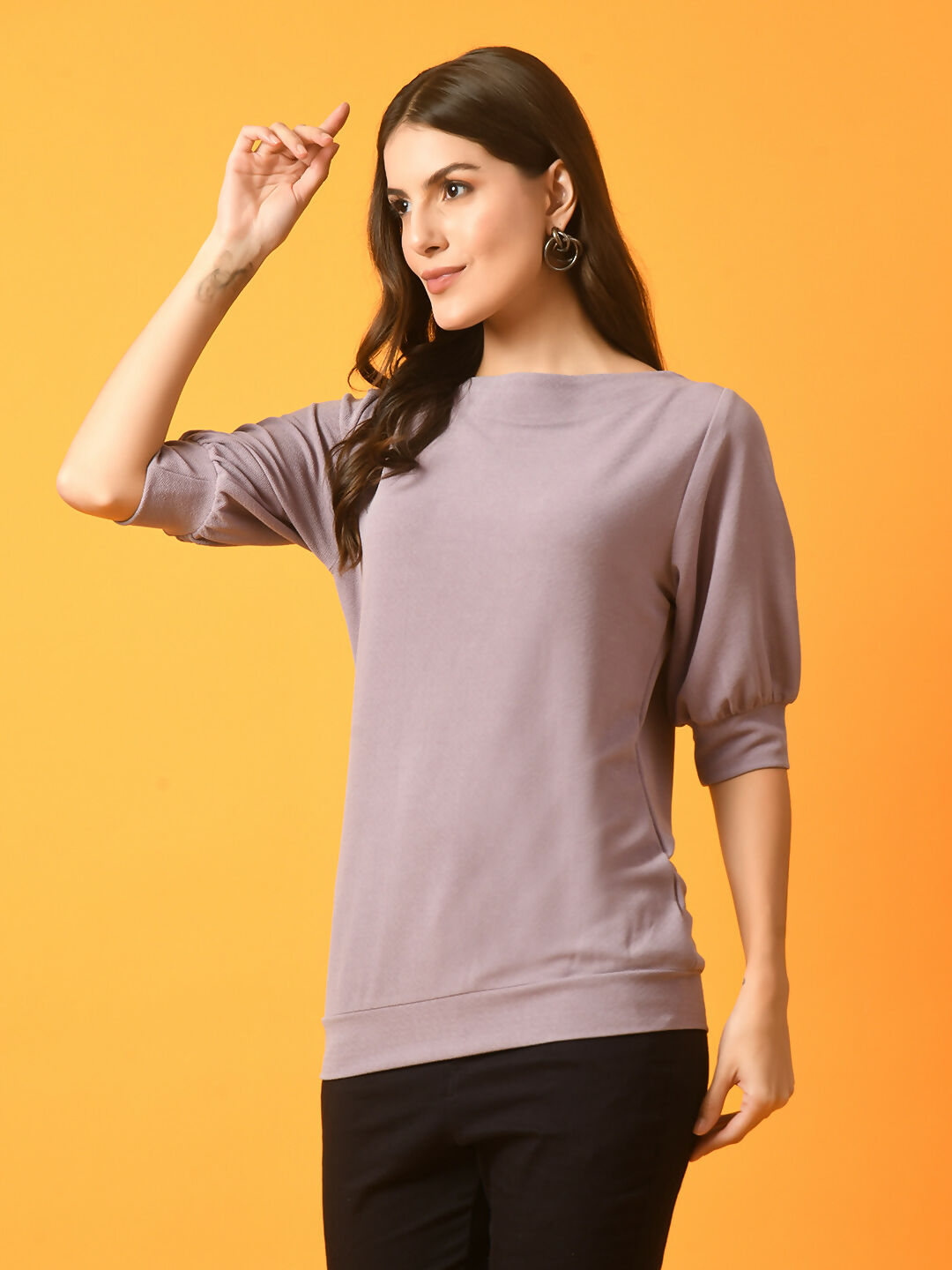 Myshka Women's Lavender Solid Boat Neck Party Top | Grocsy