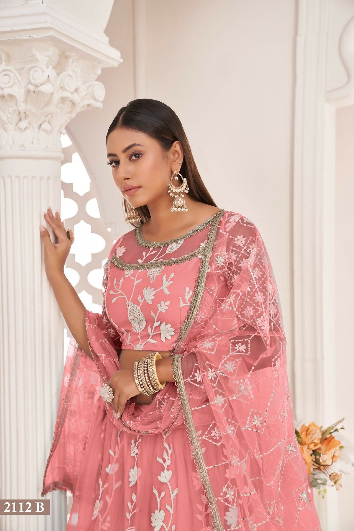 Eilara Women'S Peach Butterfly Net White Cotton Thread And Zari Sequence Embroidered Work Lehenga Choli For Party Wear | Grocsy