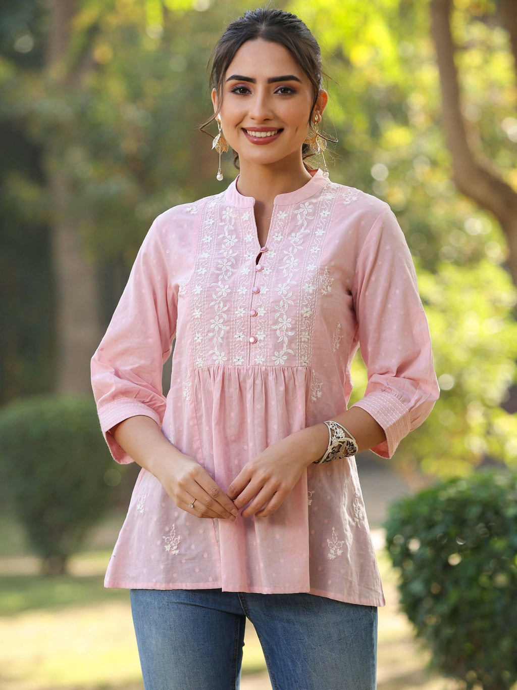 Juniper Women's Pink Cotton Solid With Embroidered Straight Tunic | Grocsy
