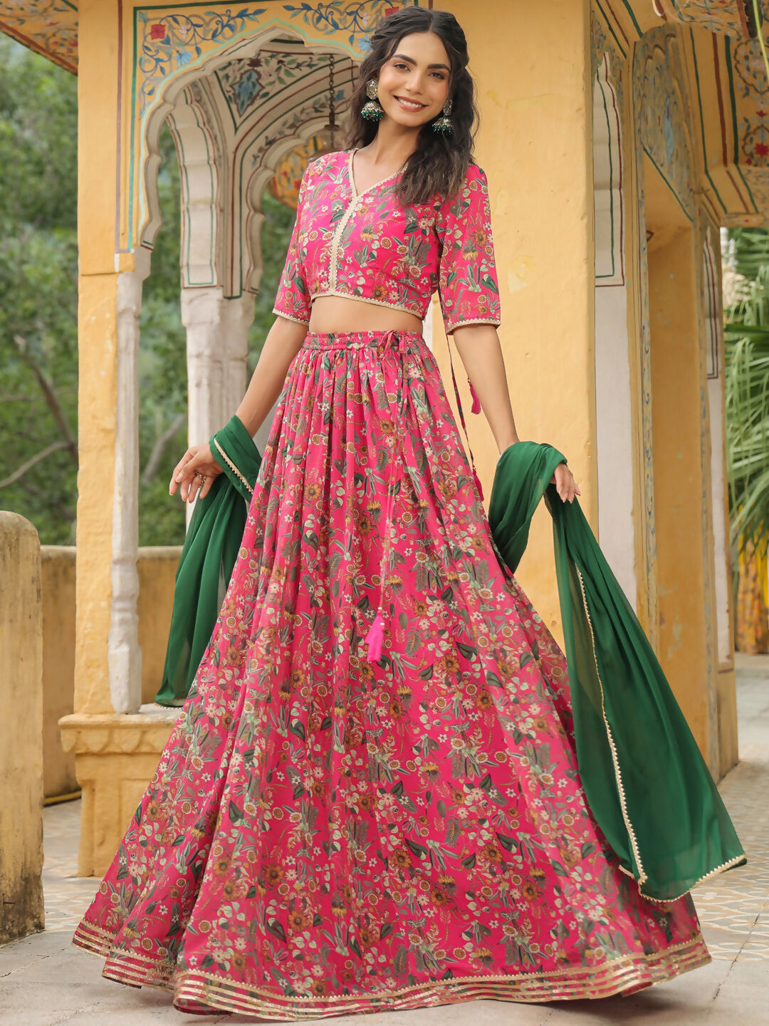 Janasya Pink Georgette Floral Lehenga Choli Dupatta | Grocsy