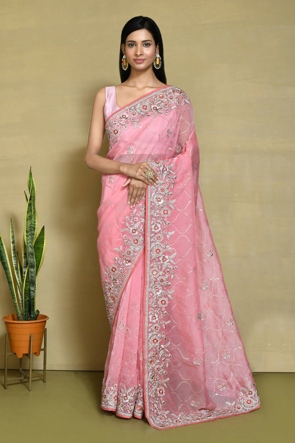 Pink Organza Satin Silk Sequence Embroidered with Stone work Saree - Nimaya Benzy | Grocsy
