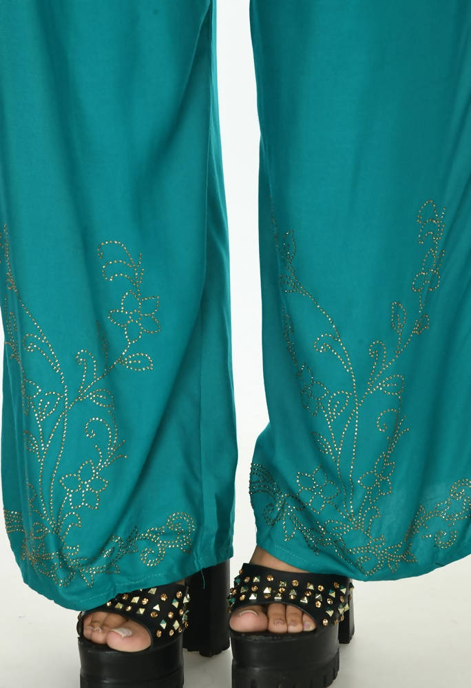 Mominos Fashion Moeza Reyon Cotton Rama Green Color Sirsoki Work Palazzo | Grocsy