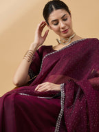 Purple Organza Swaroski Diamond Work Saree with Unstitched Blouse - Radha | Grocsy