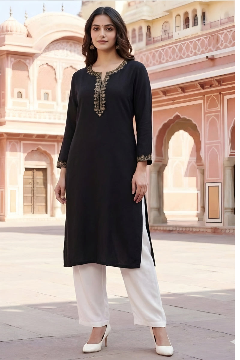 SRS Fashion Black Embroidered Rayon Straight Kurta Set | Grocsy