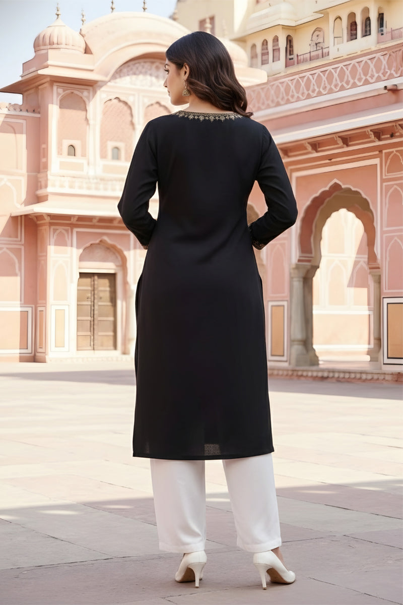 SRS Fashion Black Embroidered Rayon Straight Kurta Set | Grocsy