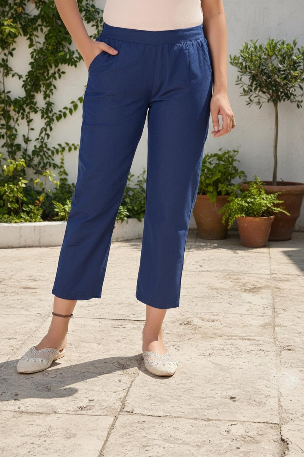 W for Woman Blue Solid Straight Rayon Pant | Grocsy