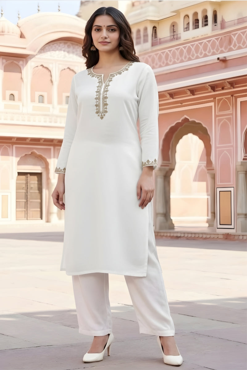 SRS Fashion White Embroidered Rayon Straight Kurta Set | Grocsy