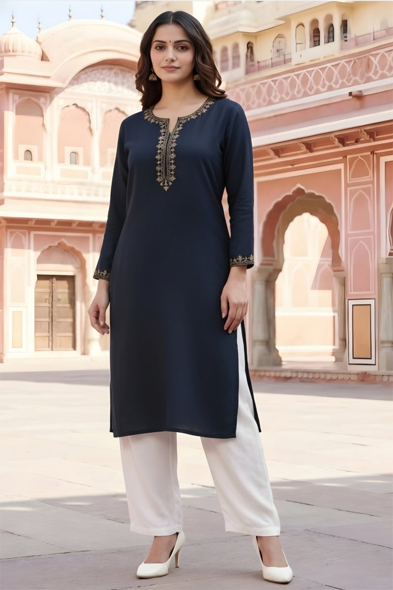 SRS Fashion Blue Embroidered Rayon Straight Kurta Set | Grocsy