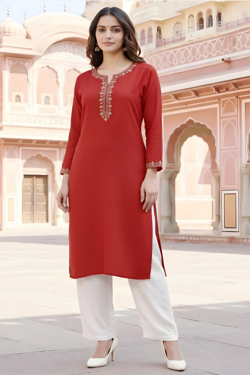 SRS Fashion Red Embroidered Rayon Straight Kurta Set | Grocsy
