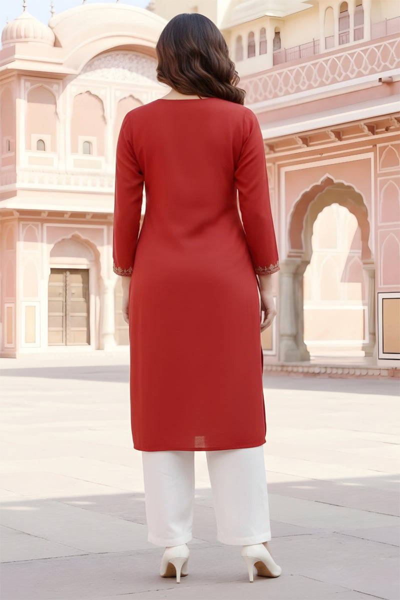 SRS Fashion Red Embroidered Rayon Straight Kurta Set | Grocsy