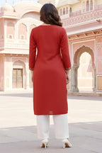 SRS Fashion Red Embroidered Rayon Straight Kurta Set | Grocsy