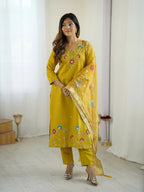 The52 Yellow Women's Gorgeous Embroidered work Viscose Gadhwal Fabric Straight Kurta, Pant and Dupatta Set | Grocsy