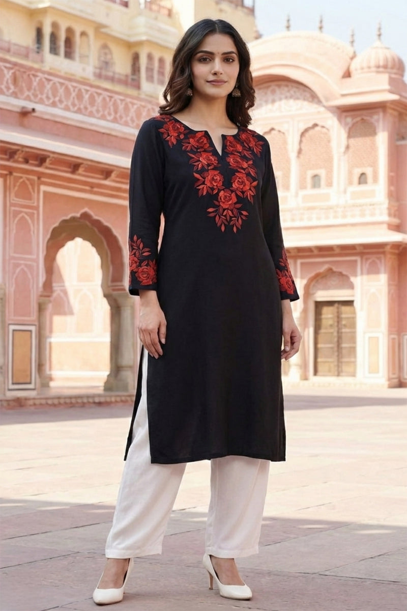 SRS Fashion Black Embroidered Rayon Straight Kurta Set | Grocsy