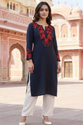SRS Fashion Blue Embroidered Rayon Straight Kurta Set | Grocsy