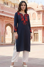 SRS Fashion Blue Embroidered Rayon Straight Kurta Set | Grocsy