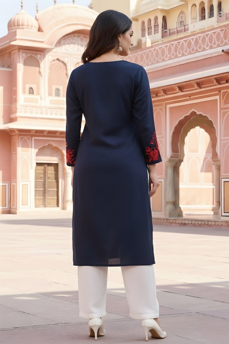 SRS Fashion Blue Embroidered Rayon Straight Kurta Set | Grocsy