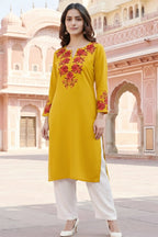 SRS Fashion Yellow Embroidered Rayon Straight Kurta Set | Grocsy