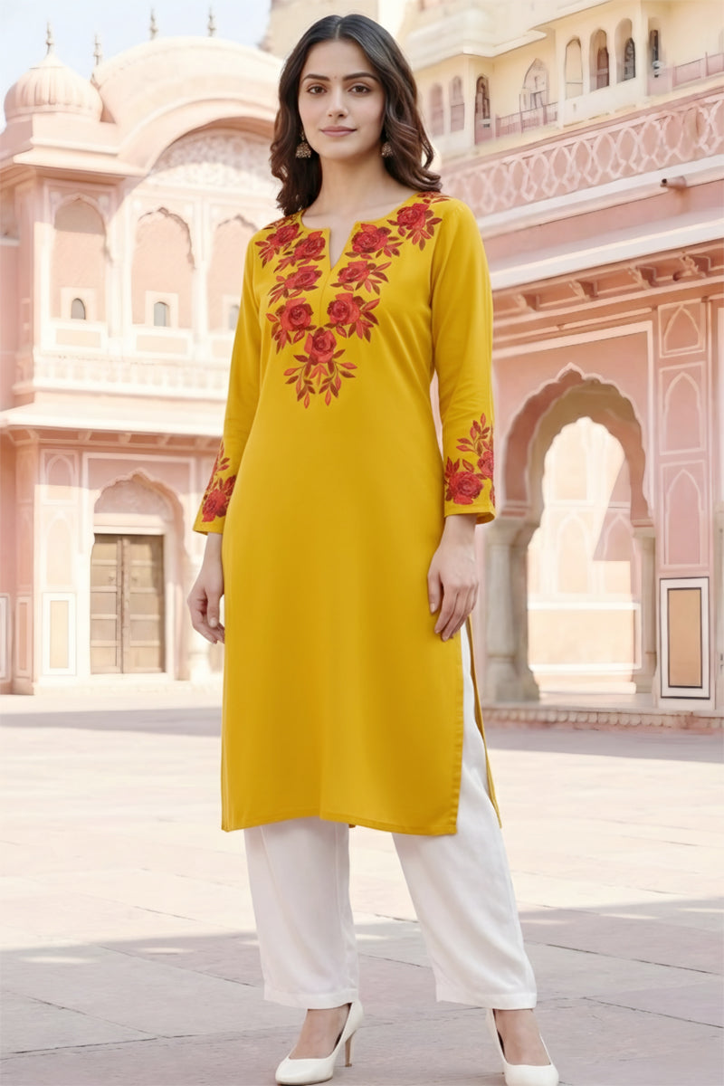 SRS Fashion Yellow Embroidered Rayon Straight Kurta Set | Grocsy