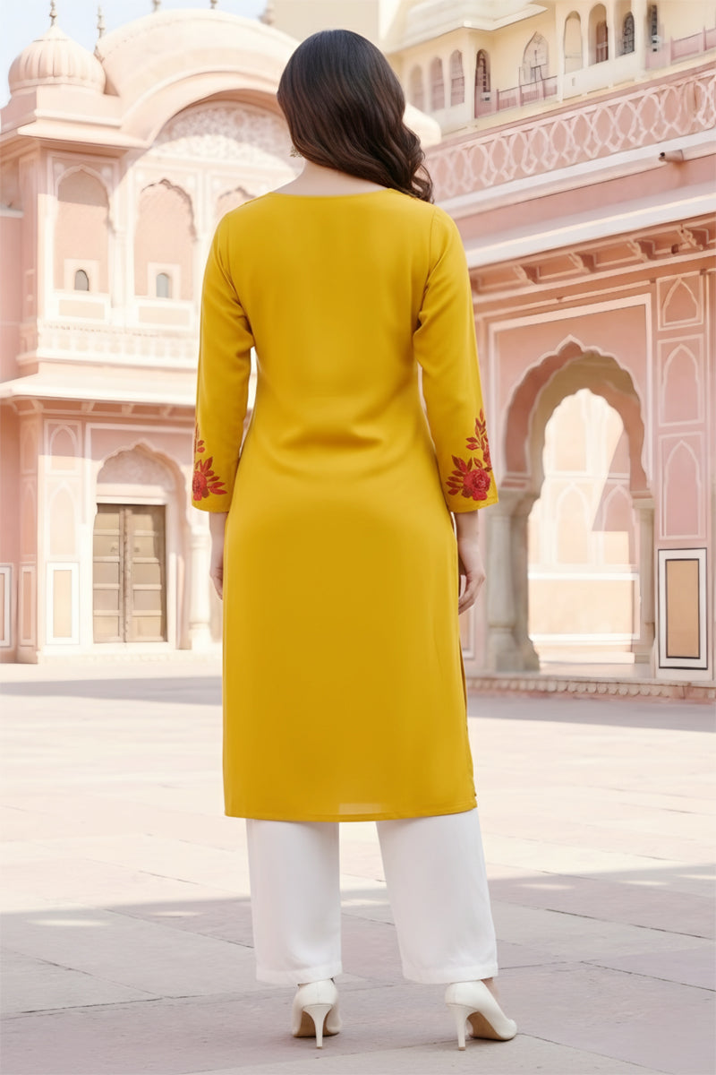 SRS Fashion Yellow Embroidered Rayon Straight Kurta Set | Grocsy