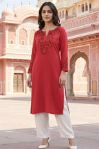 SRS Fashion Red Embroidered Rayon Straight Kurta Set | Grocsy