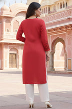 SRS Fashion Red Embroidered Rayon Straight Kurta Set | Grocsy