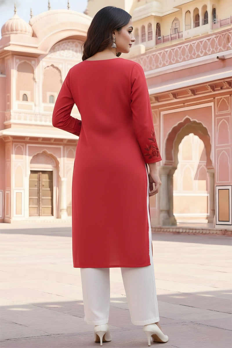 SRS Fashion Red Embroidered Rayon Straight Kurta Set | Grocsy