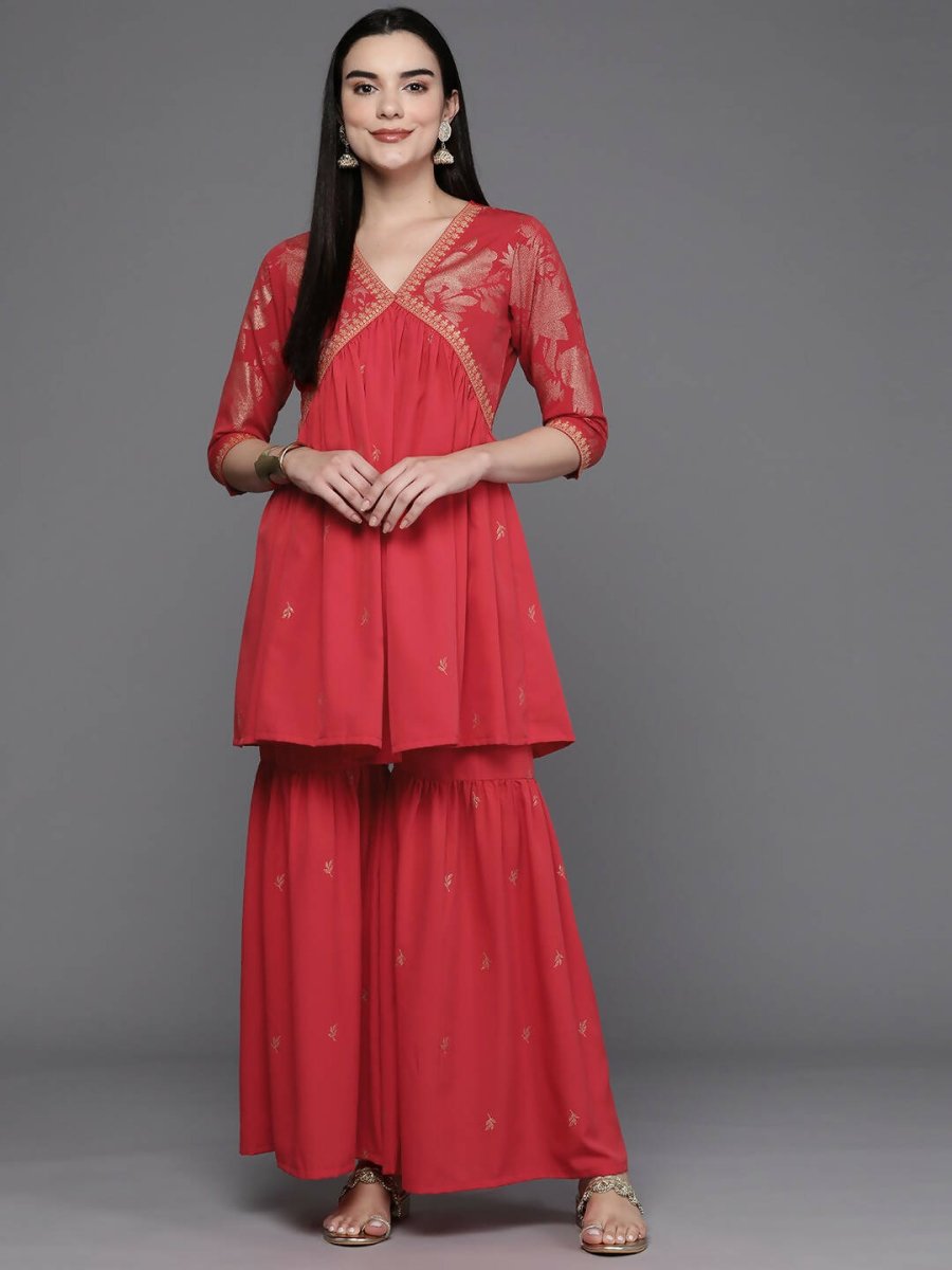 Ahalyaa Women Floral Printed Tunic with Palazzos - Red Color | Grocsy
