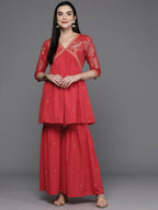 Ahalyaa Women Floral Printed Tunic with Palazzos - Red Color | Grocsy