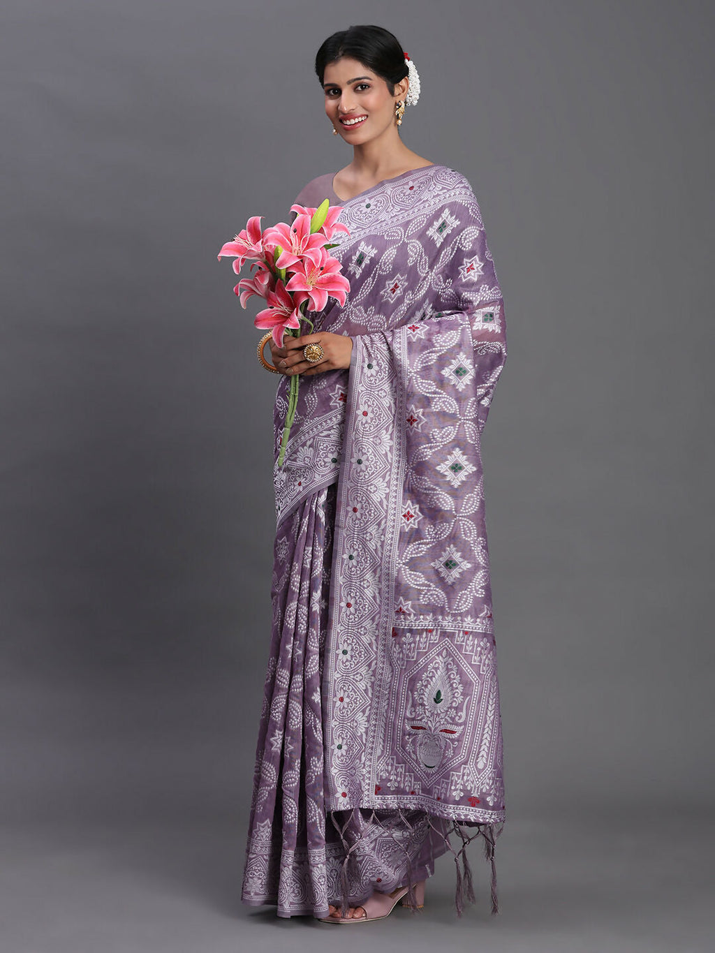 Shree Shyam Fashion Linen Cotton Violet Saree | Grocsy
