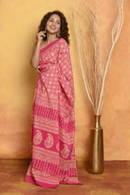 Very Much Indian Pure Cotton - Natural Dyes Handblock Printed Saree - Pink | Grocsy