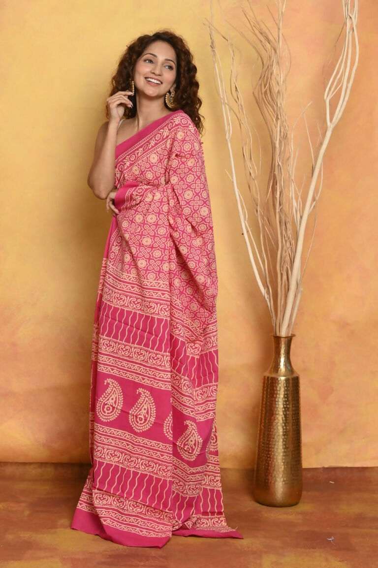 Very Much Indian Pure Cotton - Natural Dyes Handblock Printed Saree - Pink | Grocsy