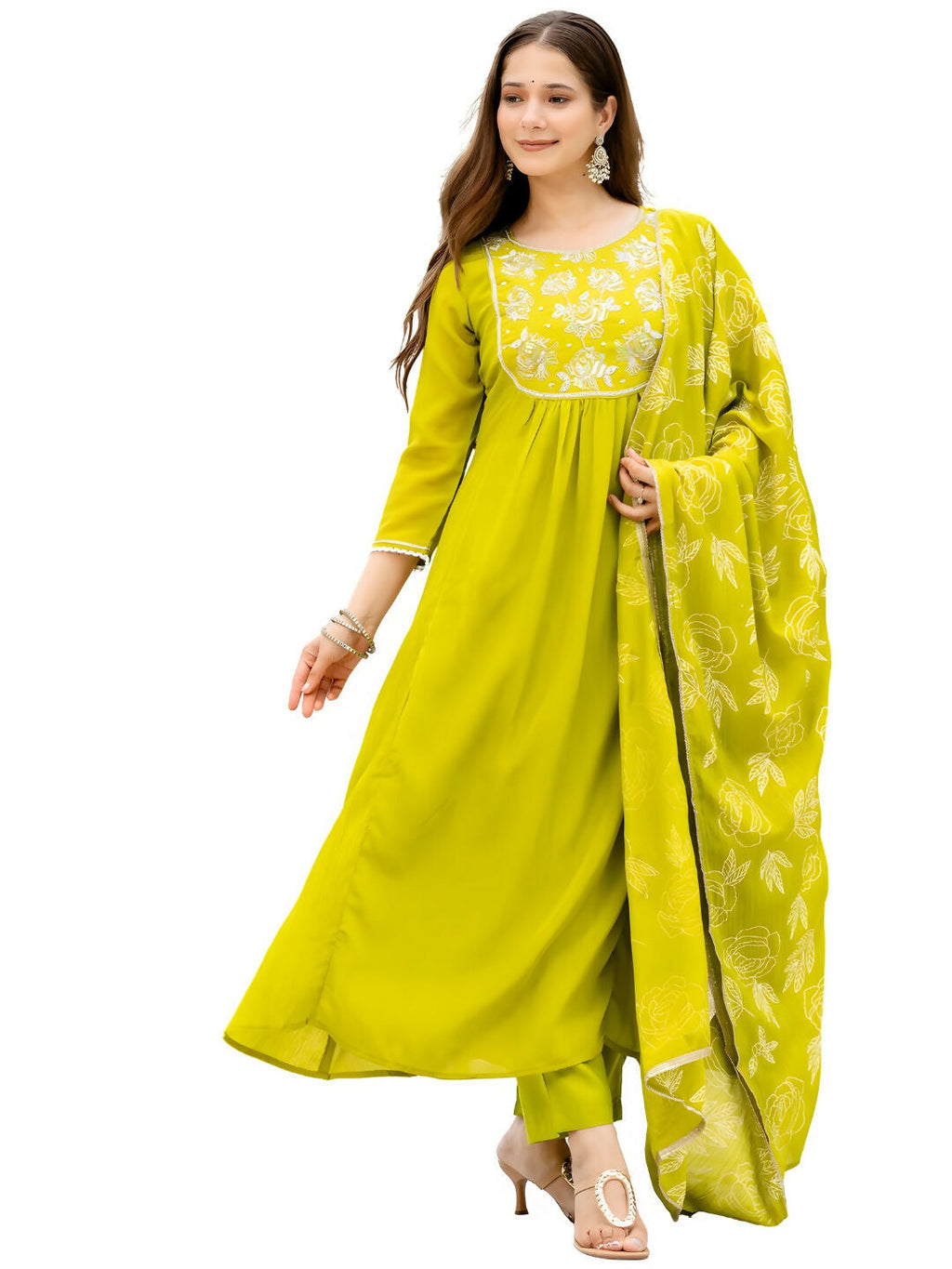 The52 Liril Women's Beautiful Embroidered work Chinon Fabric with Flared Kurta, Pant and Dupatta Set | Grocsy