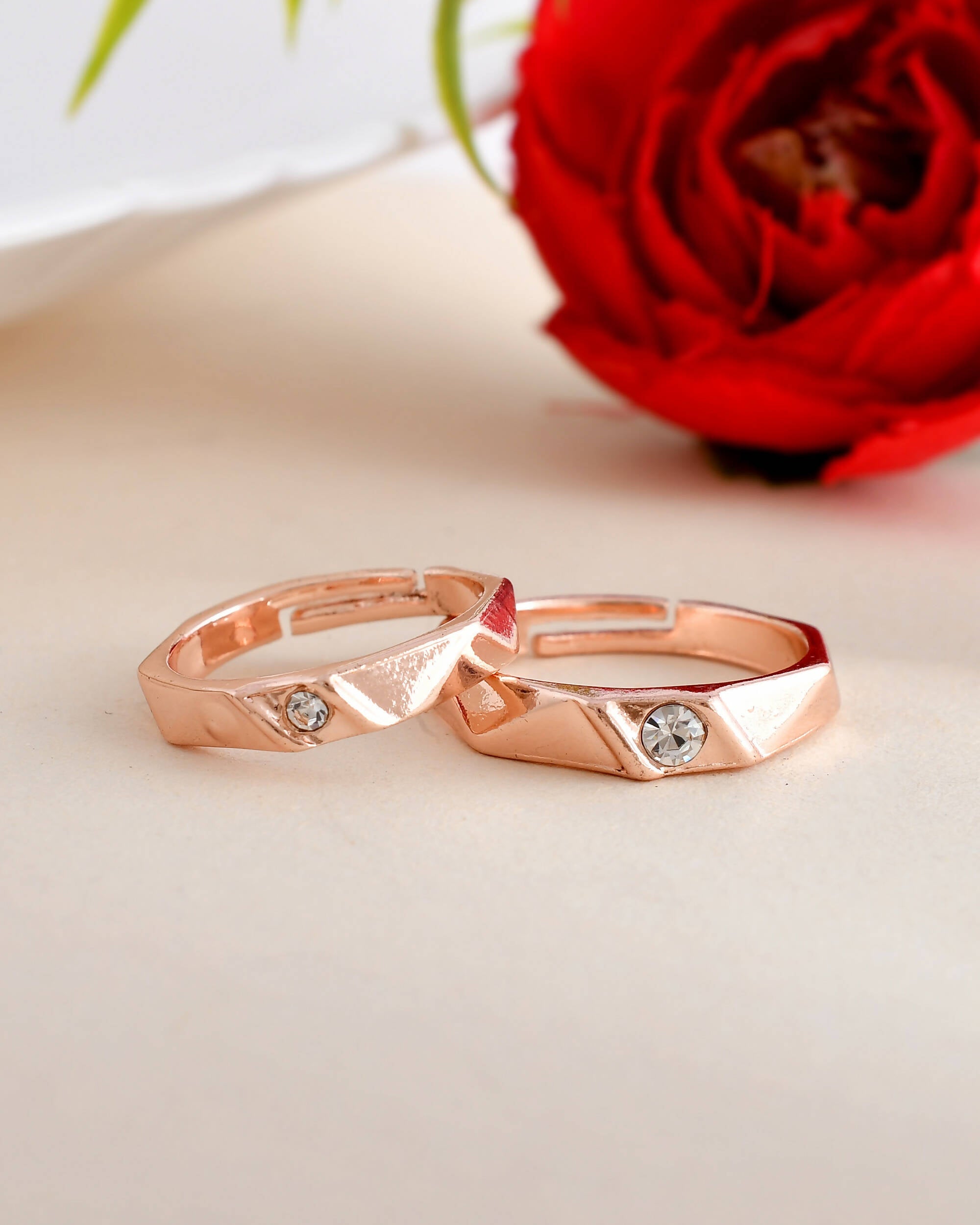 VOJ Stainless Steel Cubic Zirconia Rose Gold-Polished Adjustable Ring Set for Couple | Grocsy