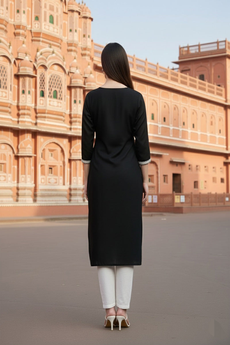 SRS Fashion Black Embroidered Rayon Straight Kurta Set | Grocsy