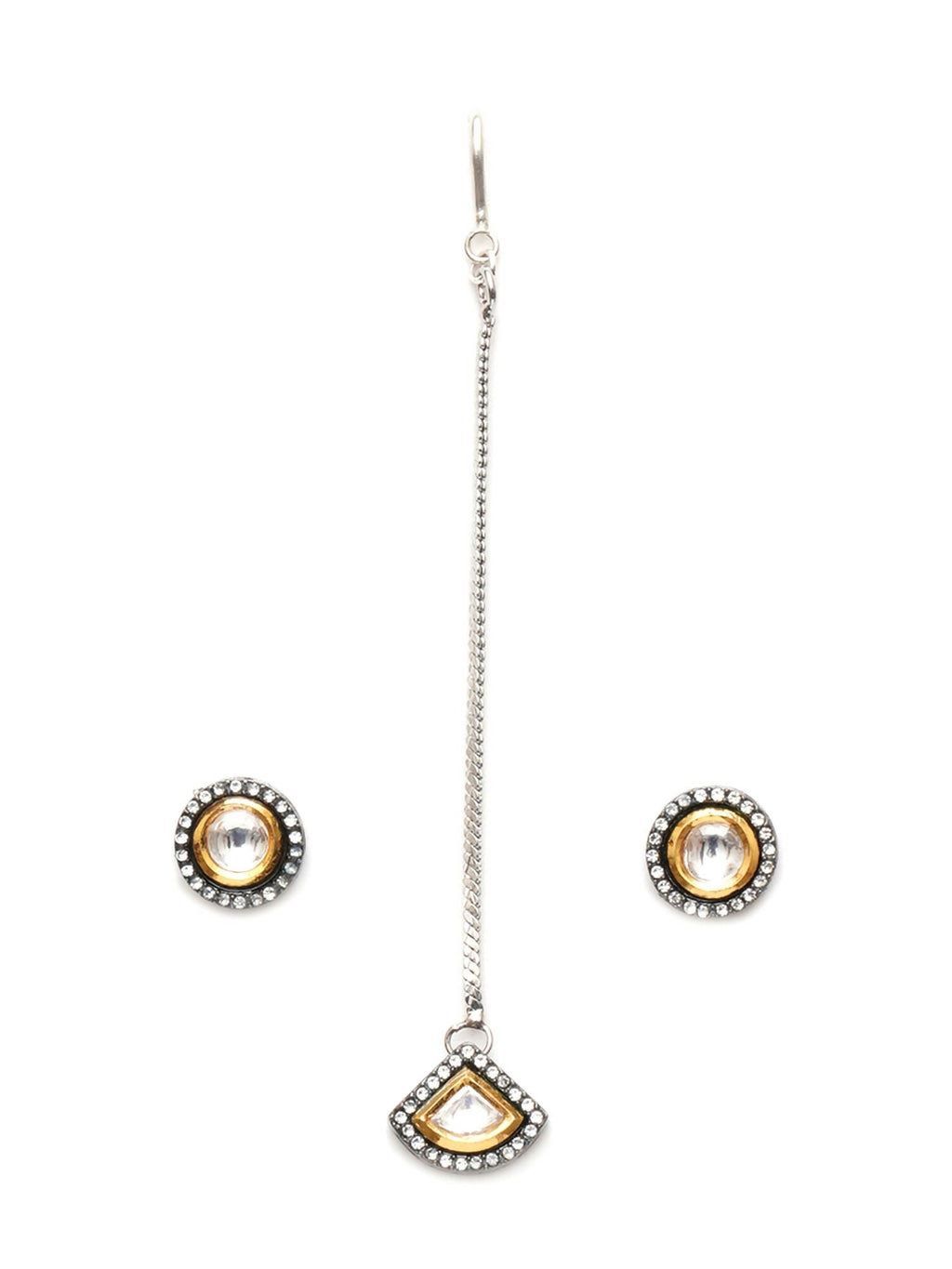 Dual Tone Kundan Maang Tikka with Earrings Jewellery Set (silver) - Ruby Raang | Grocsy