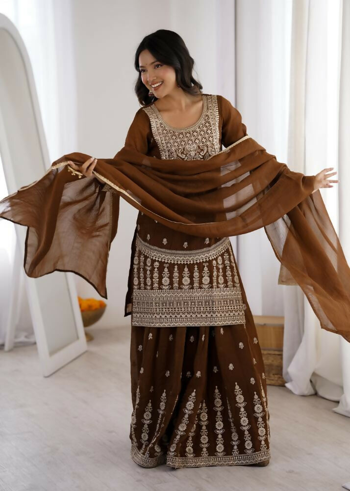 Lehenga Mart Designer Sharara Suit With Kurta, Sharara, Dupatta For Women-Brown | Grocsy