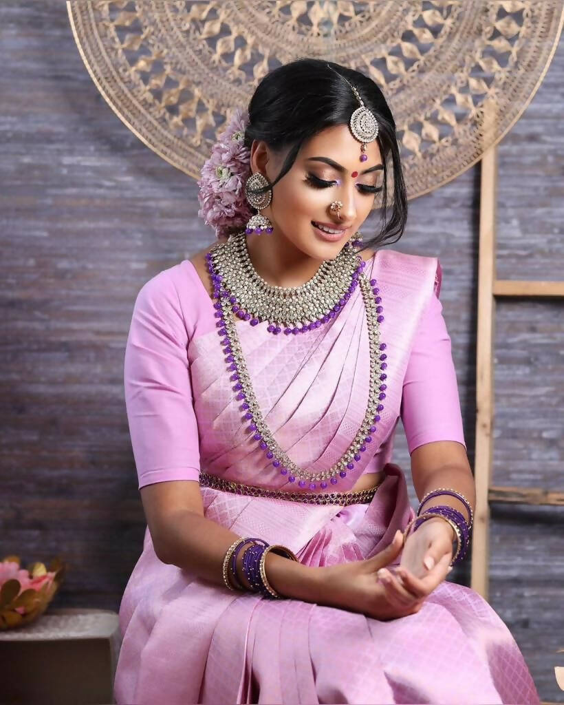 DEIANA'S Beautiful Designer Golden zari Soft Lichi Silk Saree - Baby pink | Grocsy