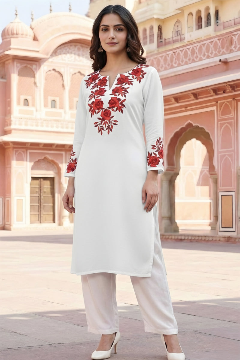 SRS Fashion White Embroidered Rayon Straight Kurta Set | Grocsy