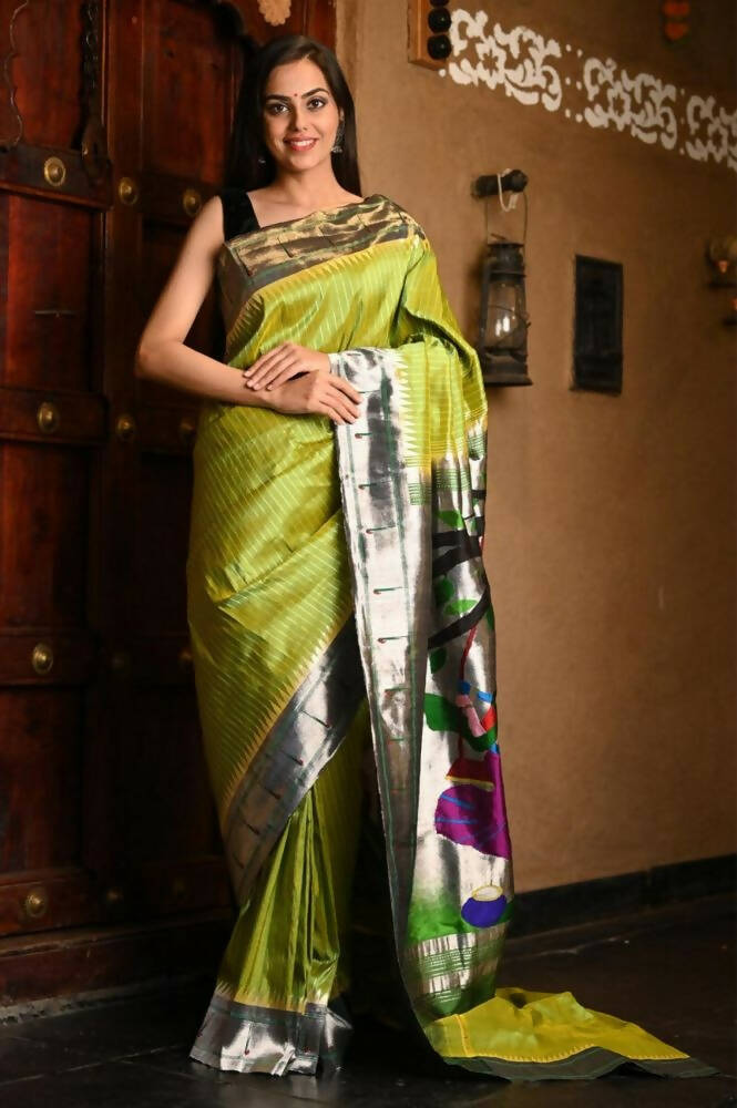 Very Much Indian Premium Handloom Pure Silk Muniya Borde-Parrot Green,Silver Zari And Intricate Big Radha Krishna Pallu | Grocsy