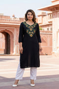 SRS Fashion Black Embroidered Rayon Straight Kurta Set | Grocsy