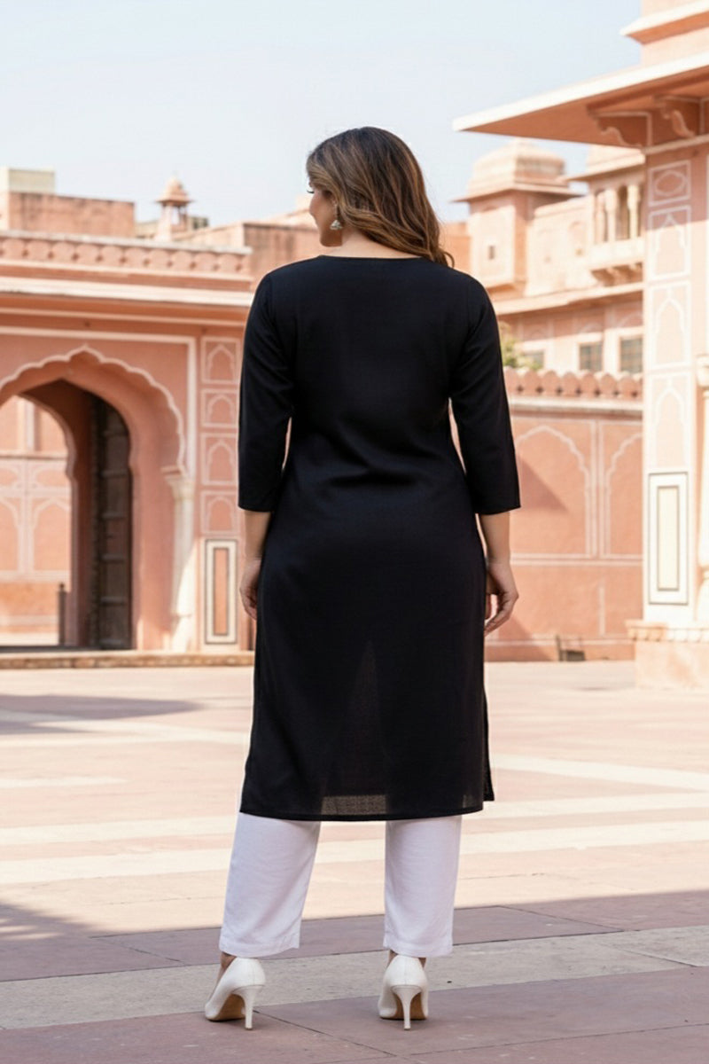 SRS Fashion Black Embroidered Rayon Straight Kurta Set | Grocsy